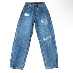 PRETTY LITTLE THING Blue Wash Distressed High‎ Waisted Mom Jeans Ripped Size 4